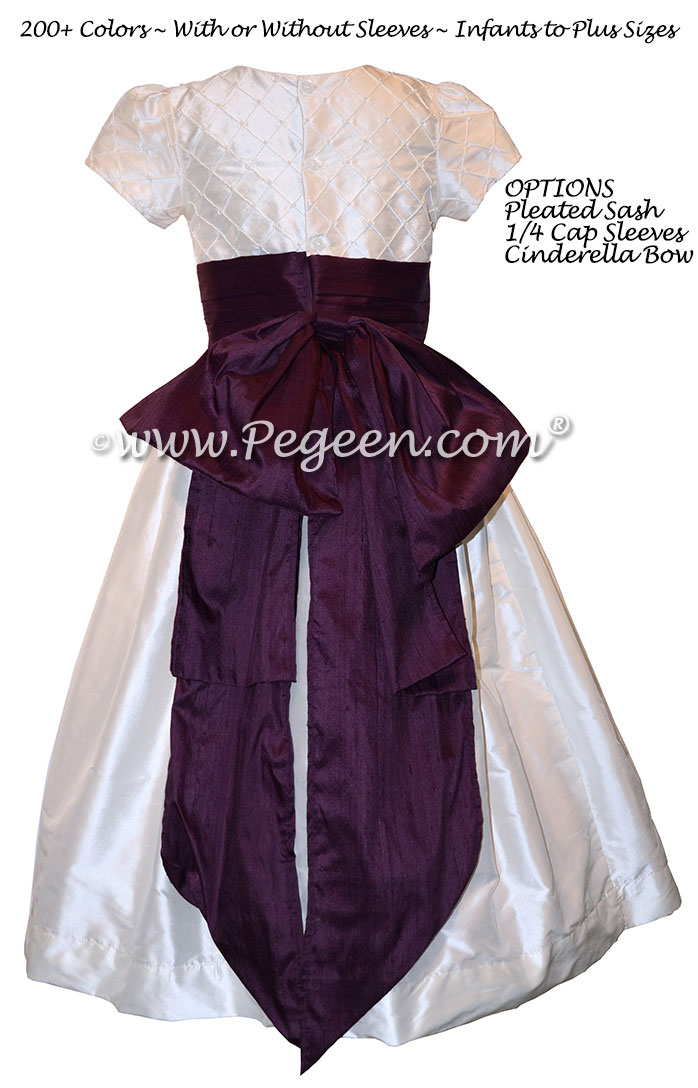 Antique White and Eggplant Silk Flower Girl Dress Style 409 with CInderella Bow