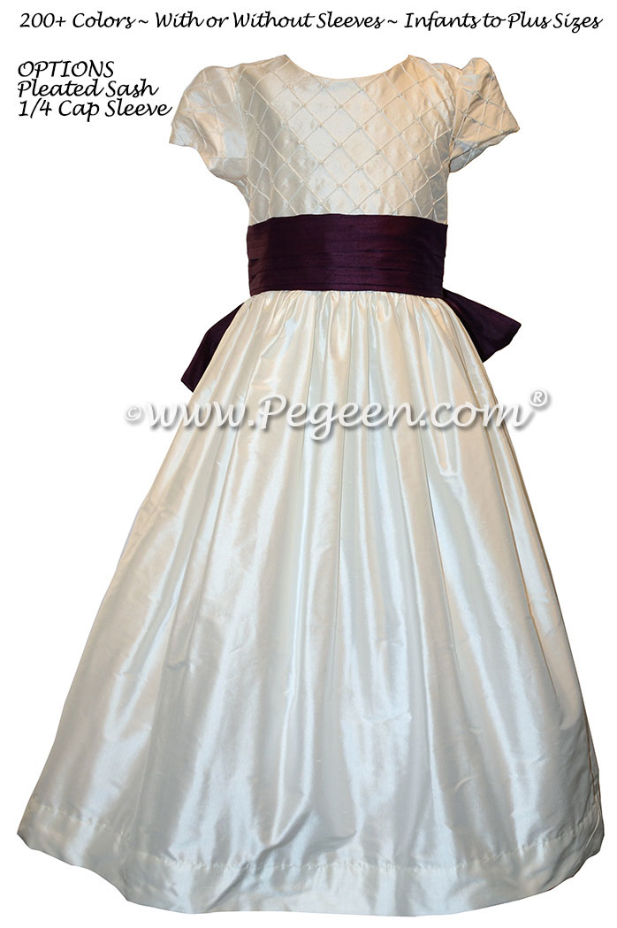 Antique White and Eggplant Silk Flower Girl Dress Style 409 with Cinderella Bow
