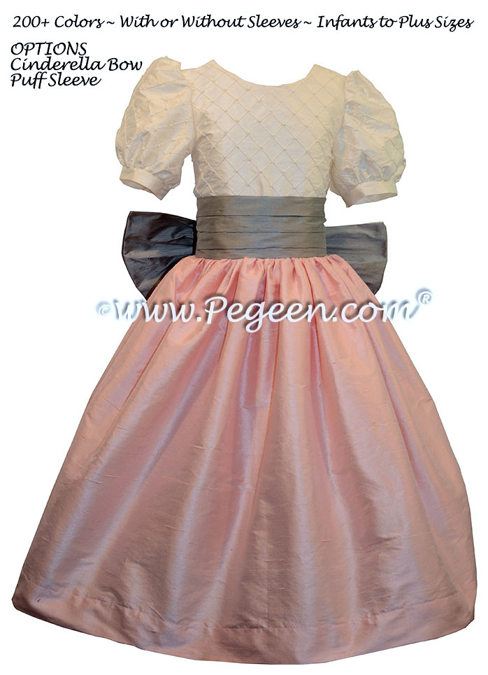 Antique White and Hibiscus Pink and Morning Gray Flower Girl Dress silk flower girl dresses
