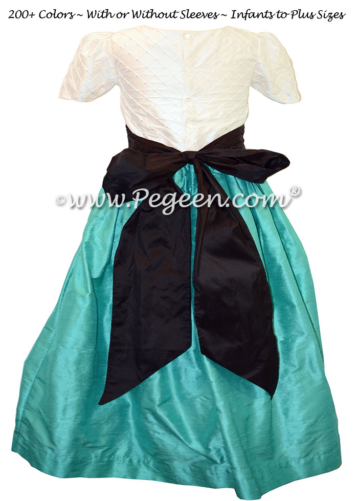 Trellis silk bodice paradise teal and black silk flower girl dresses