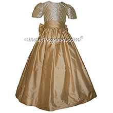 Pure Gold and Tawny Gold silk junior bridesmaid dress with pintucks and pearls Pegeen Couture Style 409