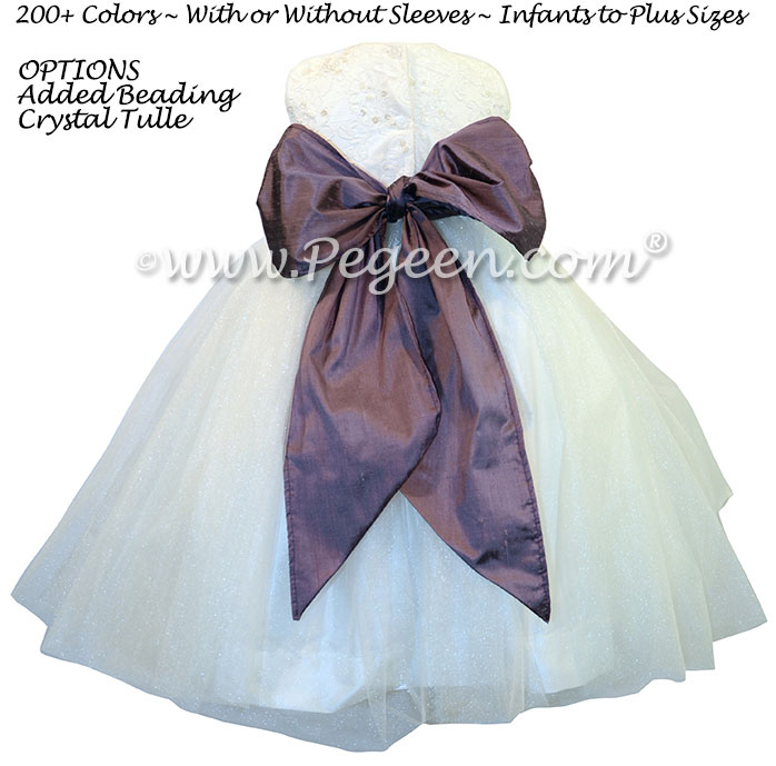 Iris and Antique White Silk and aloncon Lace Tulle flower girl Dresses