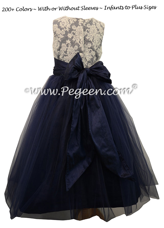 Silk Flower Girl Dresses with Tulle Skirt in Navy Blue | Pegeen