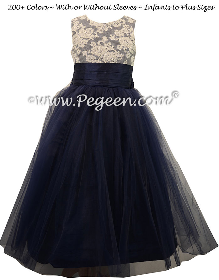 Silk Flower Girl Dresses with Tulle Skirt in Navy Blue | Pegeen