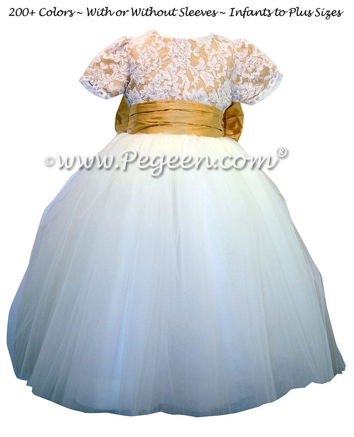 Pure Gold ALONCON LACE CUSTOM Flower Girl Dresses WITH TULLE