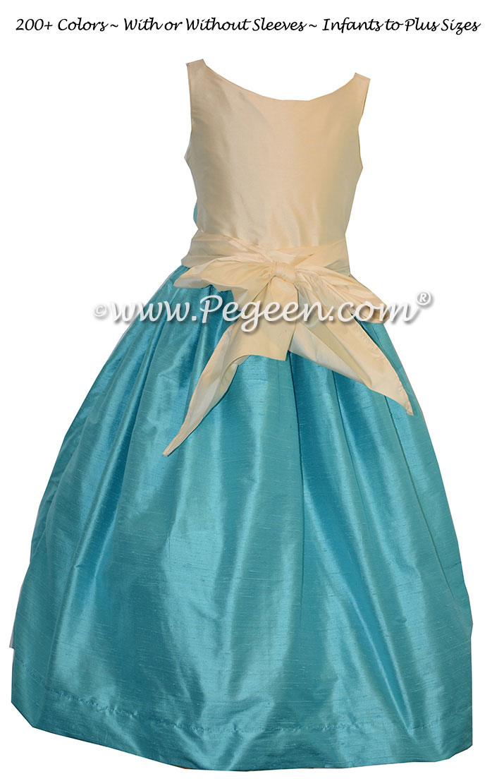 Couture Flower Girl Dress in Matisse Blue and Buttercream style 419