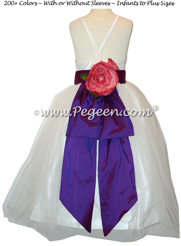 Antique White and Regal Purple silk custom jr bridesmaids dress Pegeen Couture Style 424