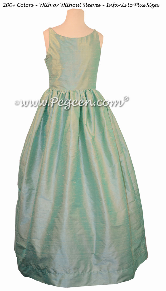 Flower Girl Dress in Sea Side Mint and Ivory Bisque style 424 | Pegeen