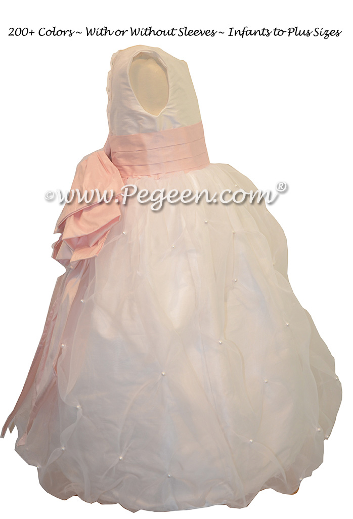 Organza covered with Pearls Antique White and Petal Pink flower girl dress Style 403