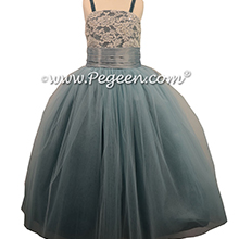 Tulle Jr. Bridesmaids Dress in Caribbean Blue, Cadet Blue with a sequined bodice and spaghetti straps 