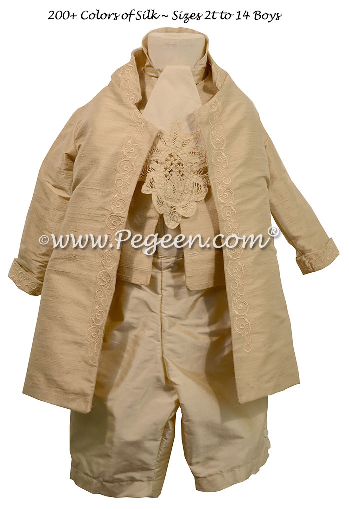 Style 595 Boys Ring Bearer Suit in Summer Tan and Toffee with English Embroidered Top Coat