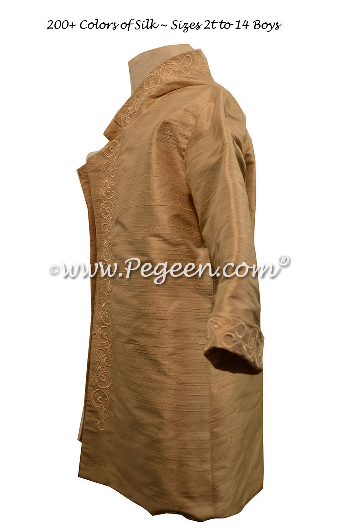 Style 595 Boys Ring Bearer Suit in Summer Tan and Toffee with English Embroidered Top Coat