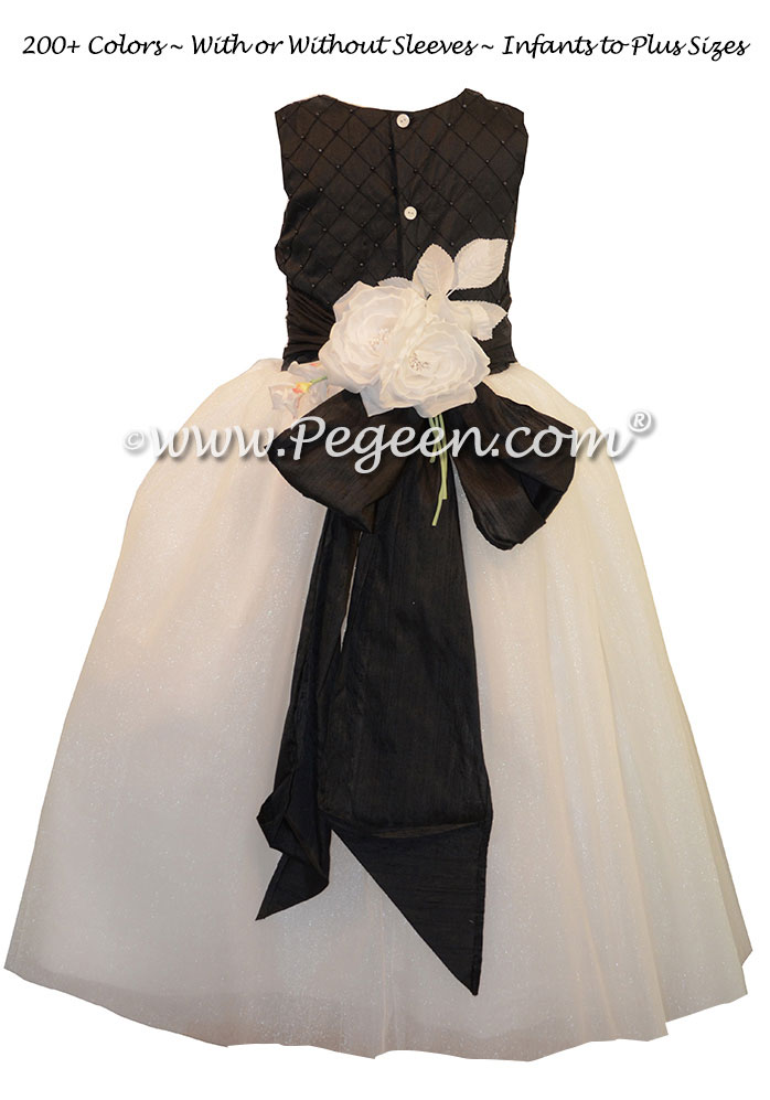 Flower Girl Dress with Crystal tulle, Black Pintuck and Pearls and White  | Pegeen