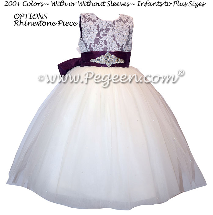 Deep plum tulle flower girl dresses with Aloncon Lace Couture Style 697