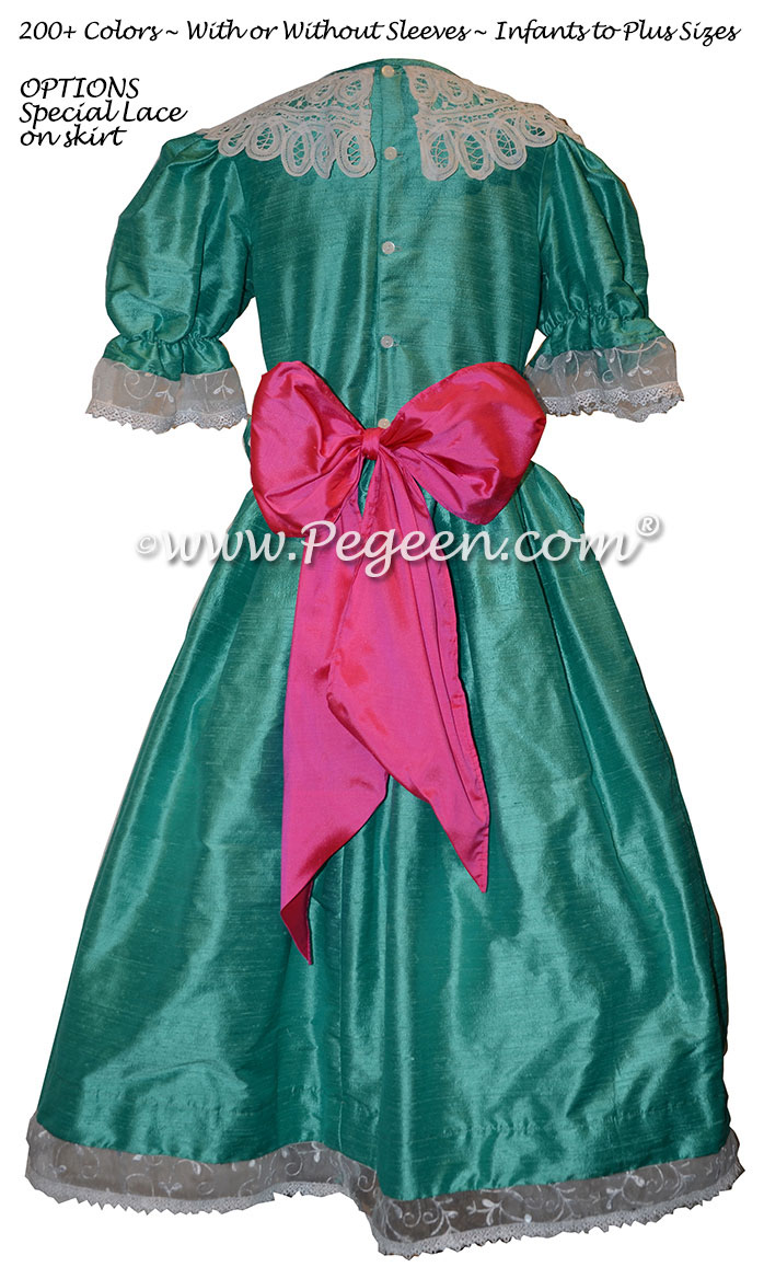 Paradise (light turquoise) and sash in Shock Pink with Battenburg Lace Clara Costume Nutcracker Dress