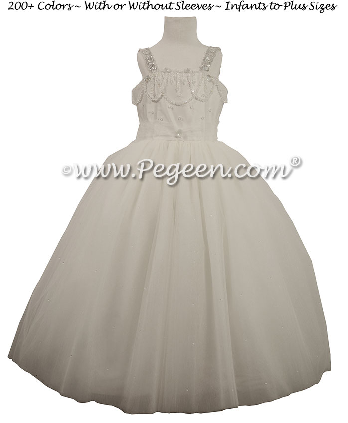Antique White Silk and Tulle Silk Style 904 Flower Girl Dresses for First Communion