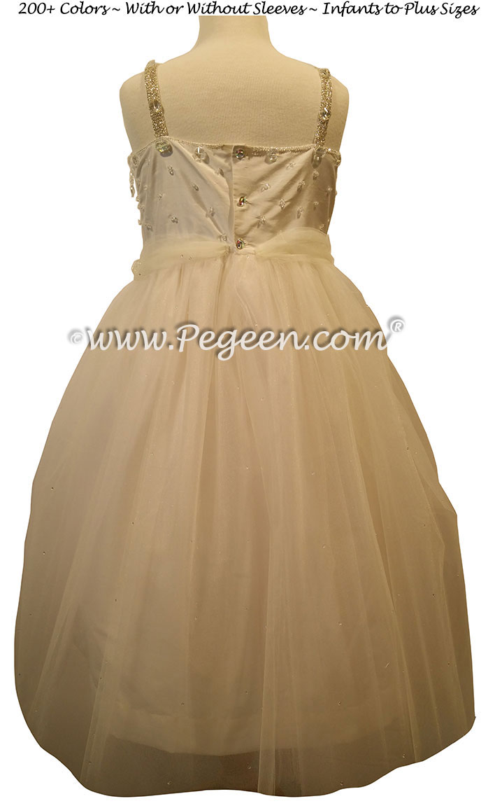 Champagne Pink Cotillion or Couture Topaz Fairy Flower Girl Dress w/Tulle, Drop crystal tulle and crystal jewels