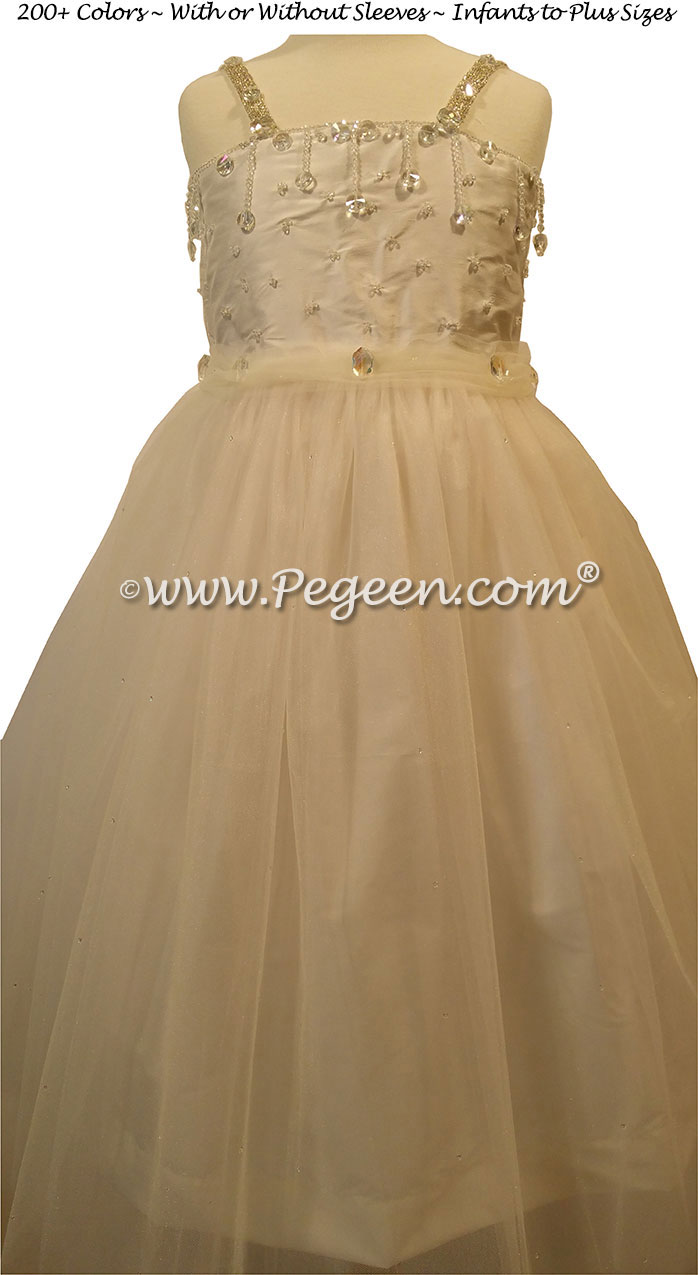 Champagne Pink Cotillion or Couture Topaz Fairy Flower Girl Dress w/Tulle, Drop crystal tulle and crystal jewels