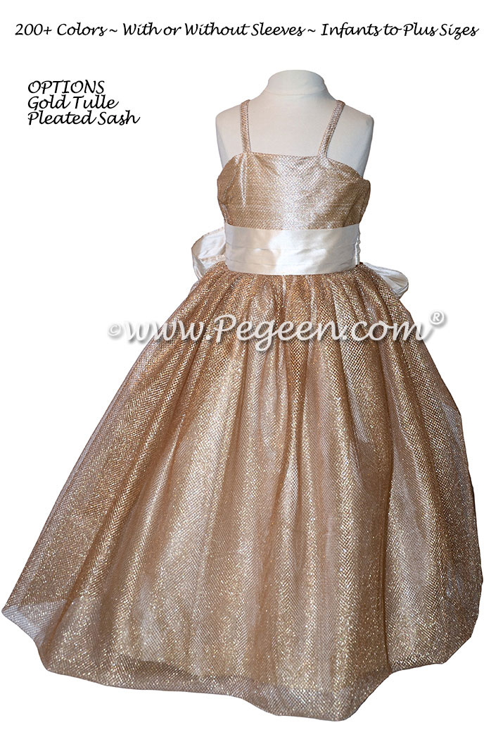Flower Girl Dress in Gold Metallic Mesh Tulle - Style 909 | Pegeen