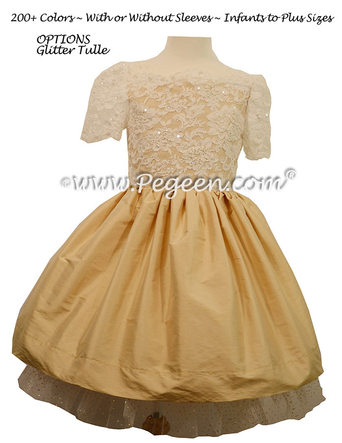 Bat Mitzvah Dress with Ivory Aloncon Lace Spun Gold Tulle  | Pegeen