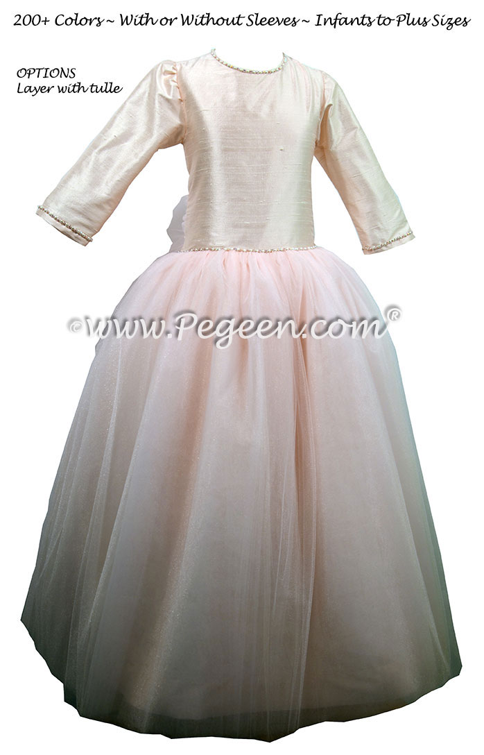 Shell Pink Silk and  Tulle ballerina style Jr. Bridesmaids DRESSES with layers and layers of tulle