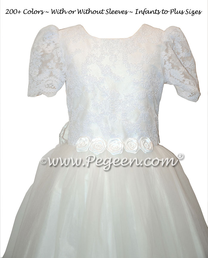 Communion Dress  - Antique White Aloncon, Petals in Tulle Skirt | Pegeen
