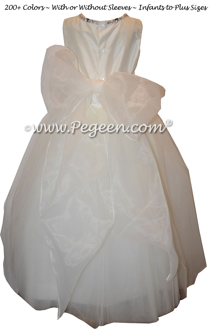 White Silk First Communion Dress or Cotillion Dress with Rhinestone Trim