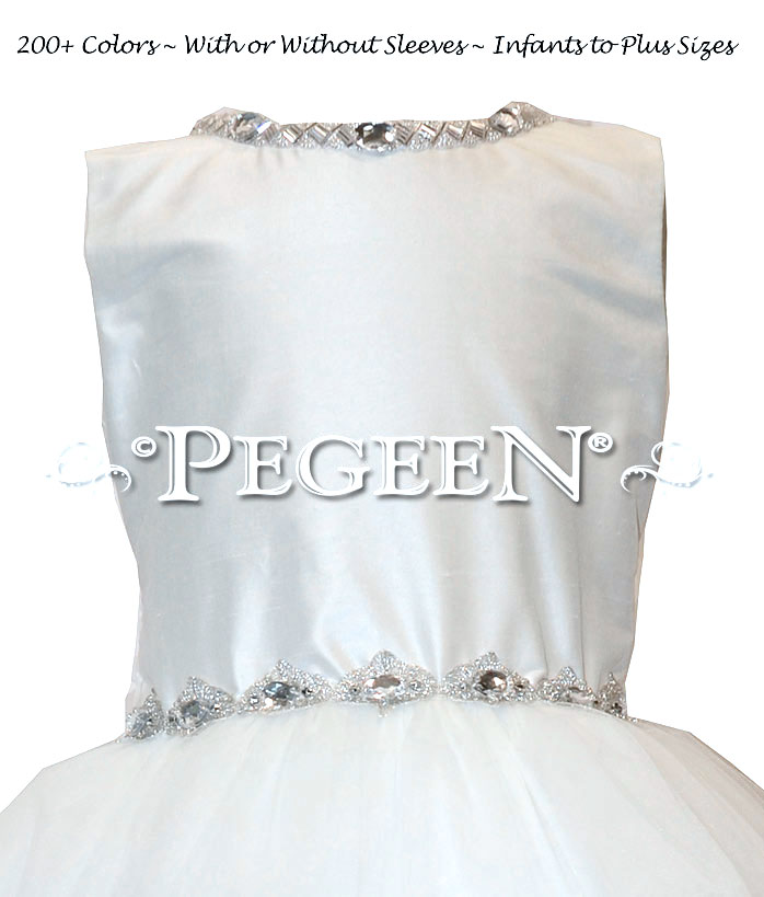 White Silk First Communion Dress or Cotillion Dress with Rhinestone Trim