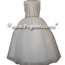 White Silk First Communion Dress or Cotillion Dress with Rhinestone Trim