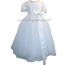 Antique White silk Organza and Tulle First Communion style dresses trimmed with pearls and rhinestones