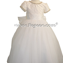 First Communion Dress with Cinderella Sash in Antique White Pintuck and Pearls with Rhinestone and Pearl Trim Style 993