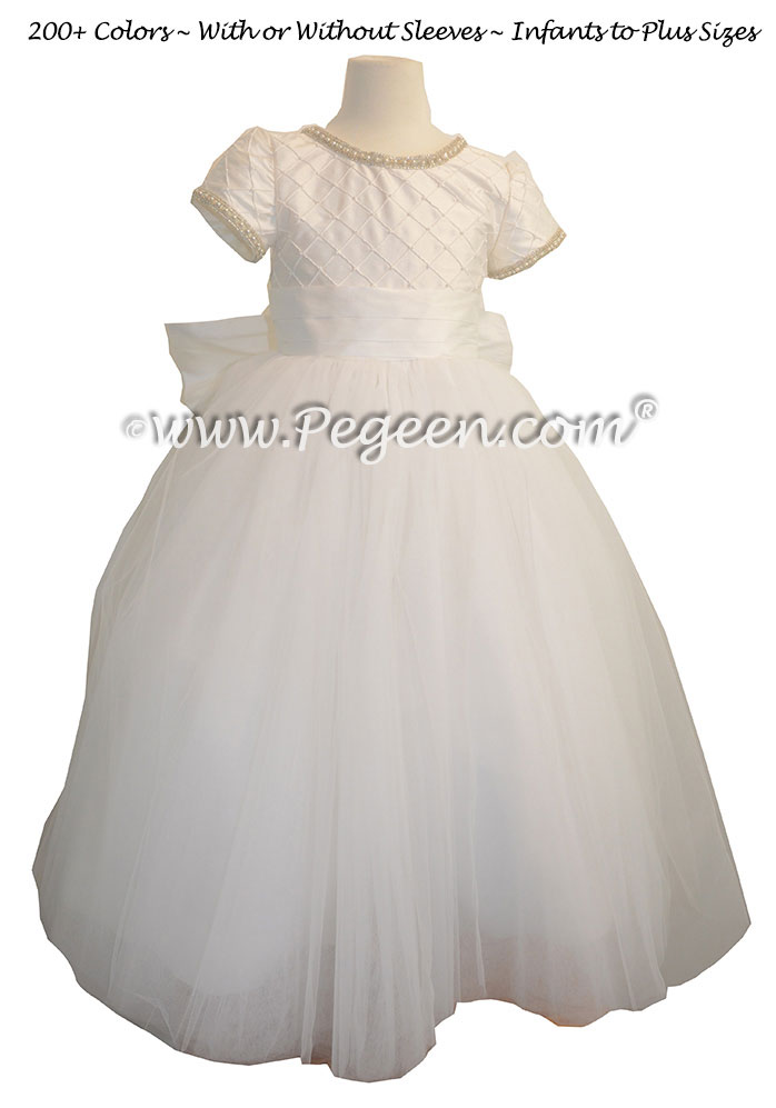 Cotillion or Couture First Communion Dress w/Tulle, Pintuck and Pearled Silk Trellis and Rhinestone and Pearl Trim