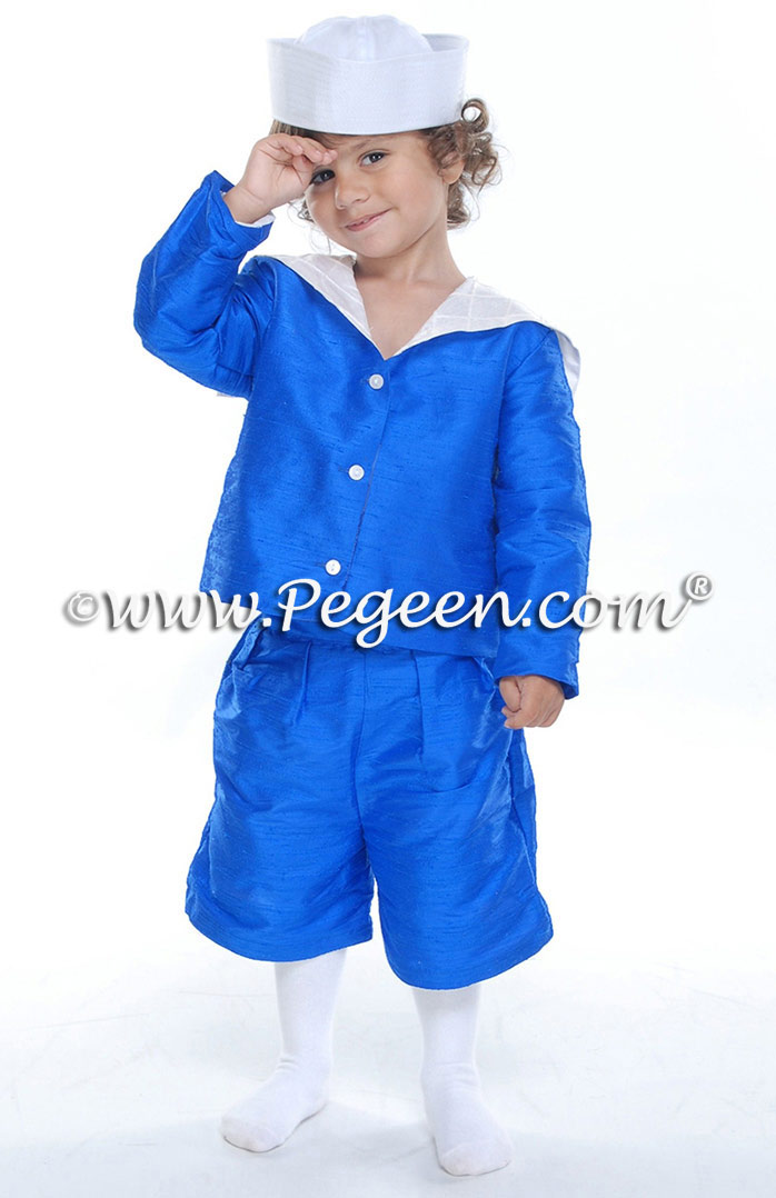 Royal Malibu Blue Silk Sailor Ring Bearer Suit by Pegeen - Style 240