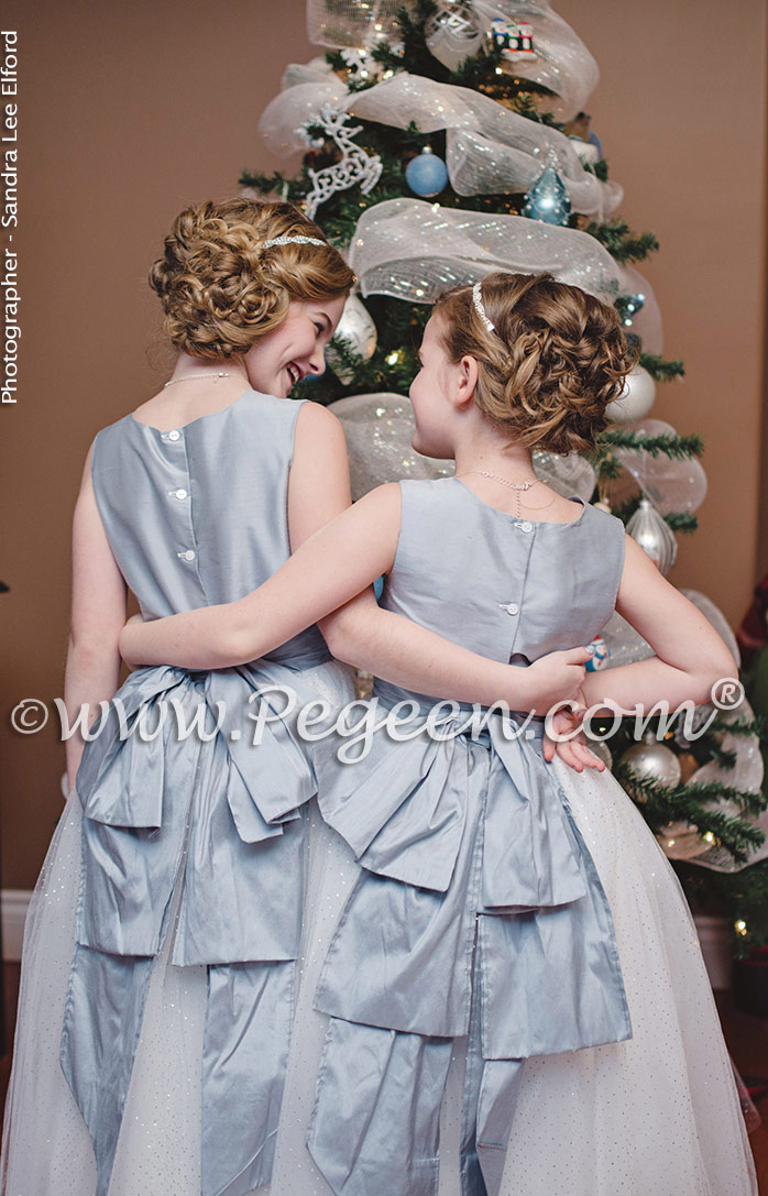 Custom Flower Girl Dresses Style 402 in powder blue silk with a Cinderella sash and glitter tulle in silver