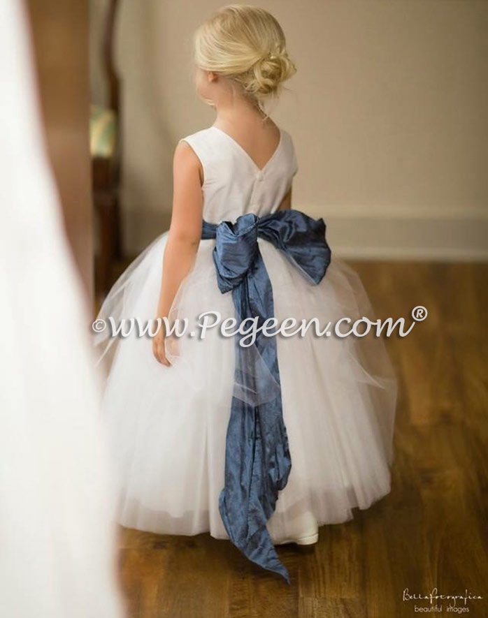 Tulle flower girl dresses in Arial Blue and Antique White Silk | Pegeen