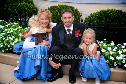 Flower Girl Dresses in New Ivory and Storm Blue with a Chocolate silk sash Style 345