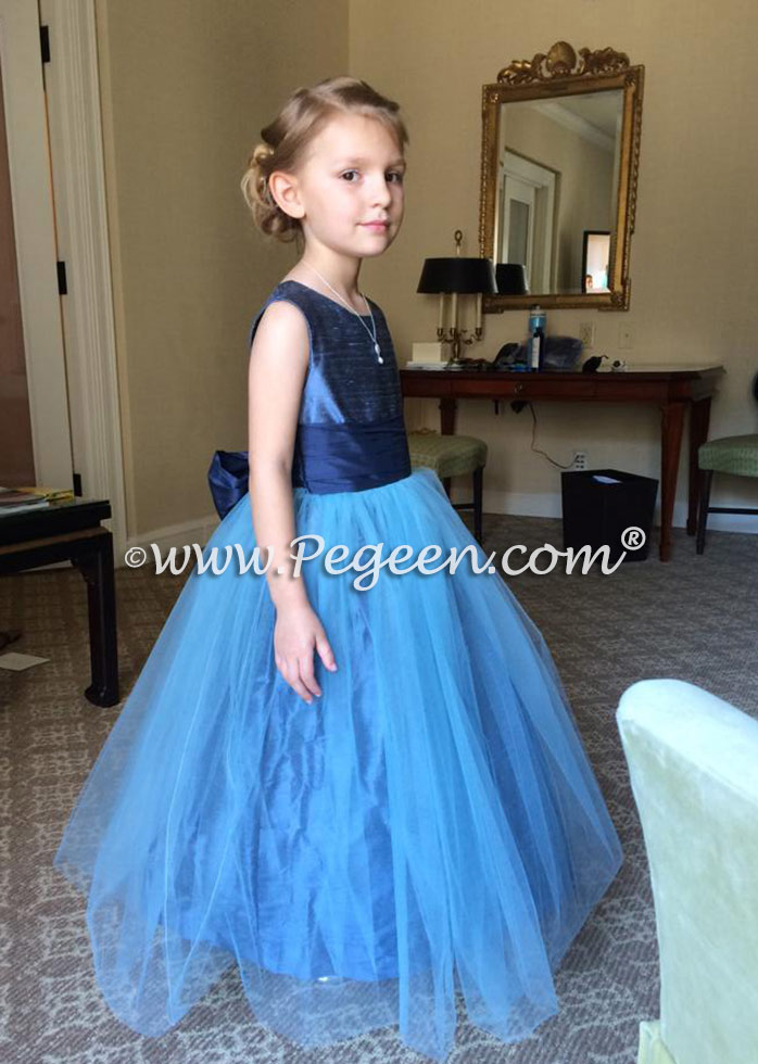 FLOWER GIRL DRESSES in Arial Blue with Navy silk sash and blue tulle Style 356