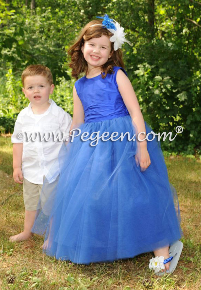 Sapphire blue silk with tulle flower girl dress Style 402