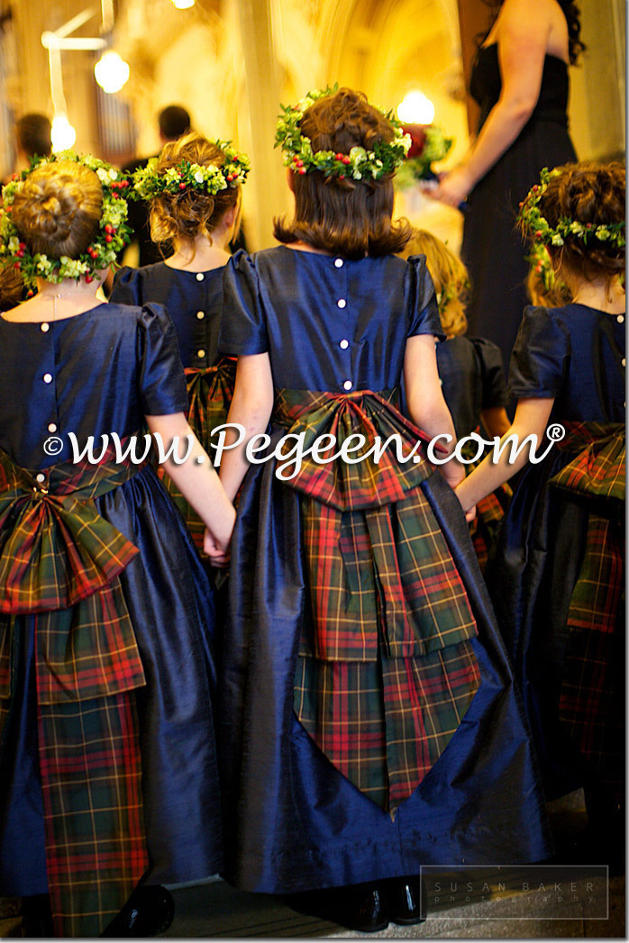 Navy silk and plaid flower girl dresses style 345 by Pegeen