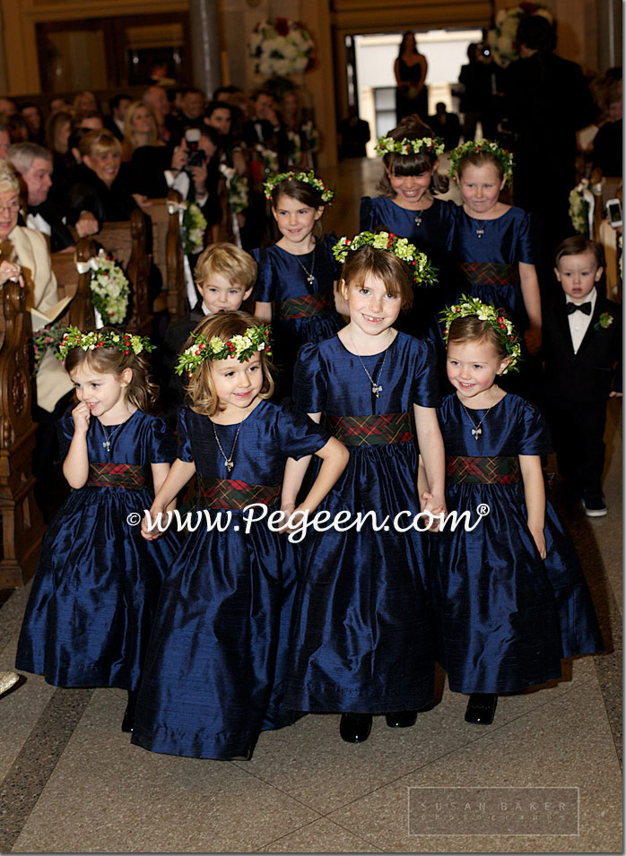 Navy flower girl dresses with Christmas Plaid Sashes
