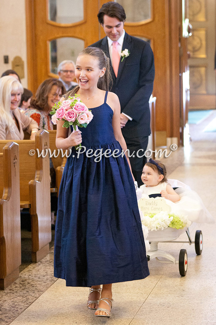 Navy  Jr Bridesmaids and silk infant flower girl dresses style 369 by Pegeen