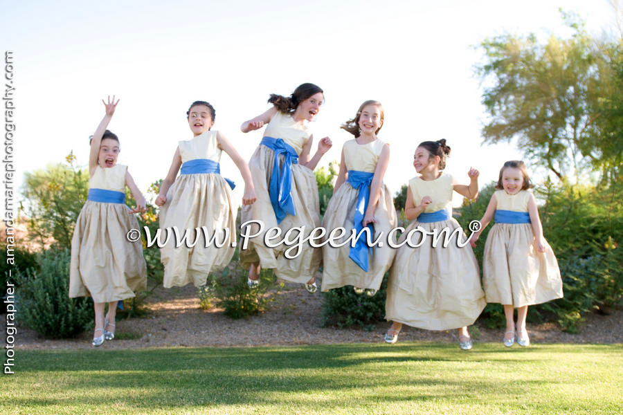 Flower Girl Dresses in in Buttercreme, Wheat and Blue Moon