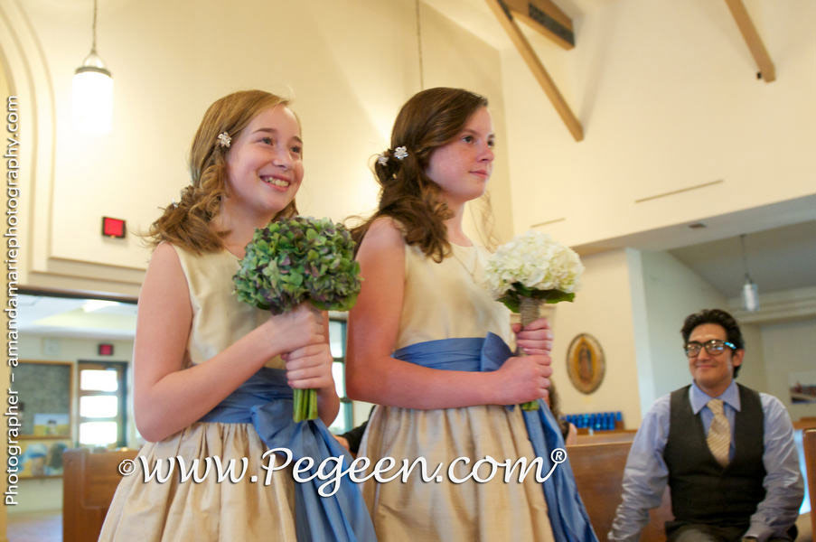 Flower Girl Dresses in in Buttercreme, Wheat and Blue Moon