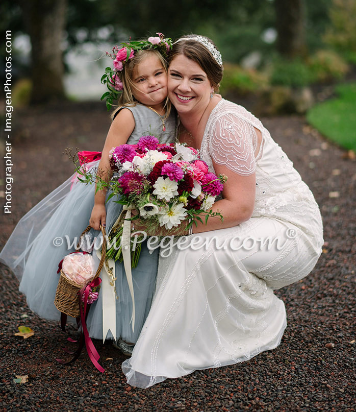 Pink and Gray and Blue Silk Flower Girl Dresses
