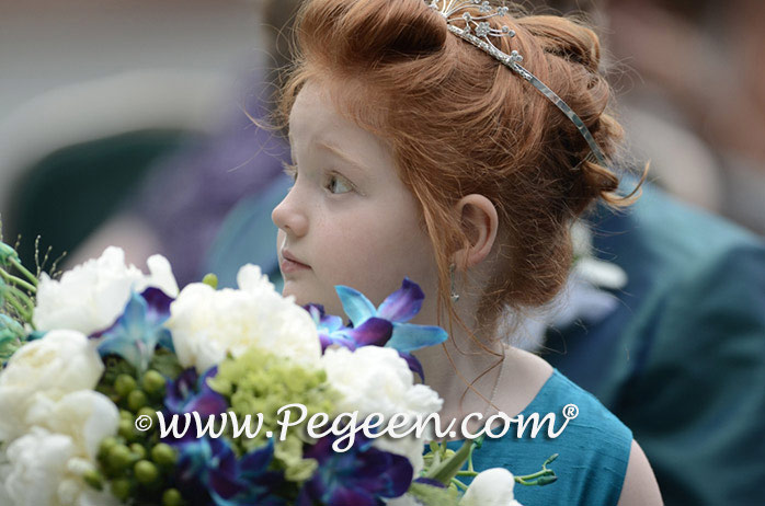 Peacock (teal) Teal and Apple Green flower girl dresses