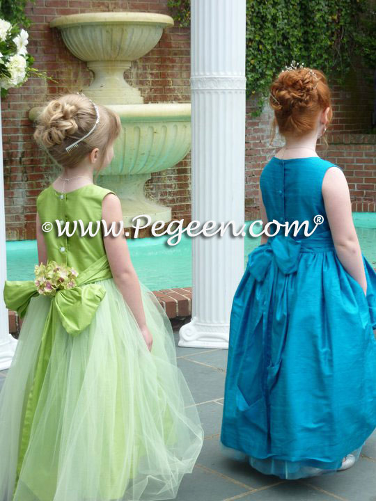Peacock (teal) Teal and Apple Green flower girl dresses