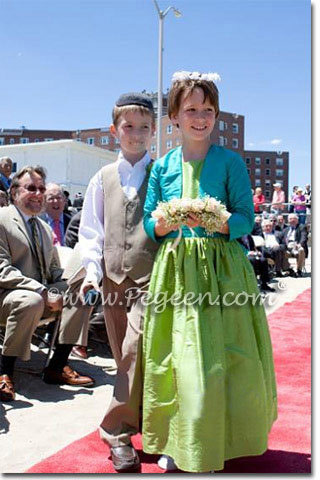 Apple Green and Teal Flower girl dresses with bolero jacket | Pegeen Style 398