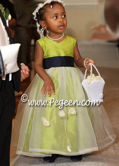 Organza, chartreuse green and navy Silk flower girl dresses - Pegeen Classics Style 309