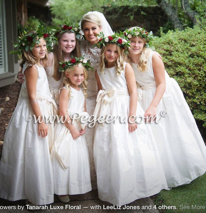 Style 300 Flower Girl Dress in New Ivory and Bisque Silk Sash