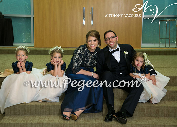 Flower Girl Dresses in Navy Blue and creme silk